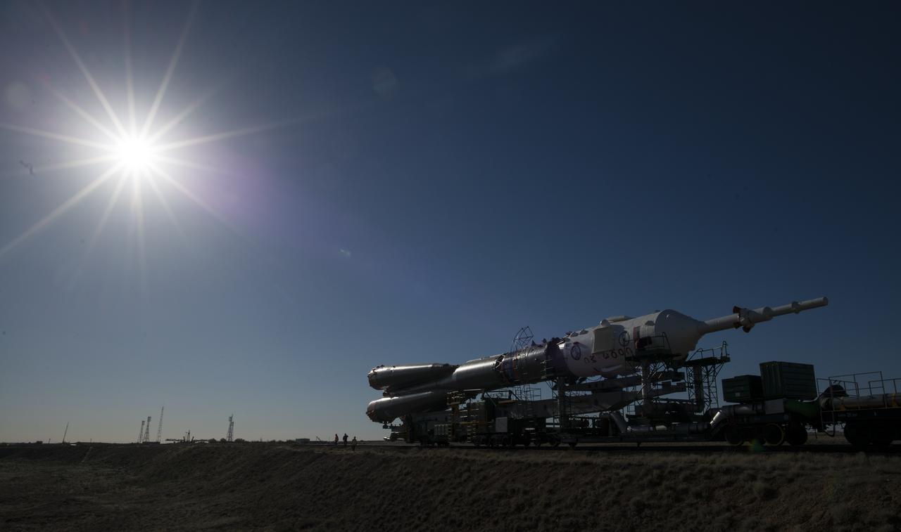 The Soyuz rocket is rolled out by train to the launch pad, Monday, June 4, 2018 at the Baikonur Cosmodrome in Kazakhstan. Expedition 56 Soyuz Commander Sergey Prokopyev of Roscosmos, flight engineer Serena Auñón-Chancellor of NASA, and flight engineer Alexander Gerst of ESA (European Space Agency) are scheduled to launch aboard their Soyuz MS-09 spacecraft at 7:12 a.m. Eastern time (5:12 p.m. Baikonur time), on Wednesday, June 6.  Photo Credit: (NASA/Joel Kowsky)