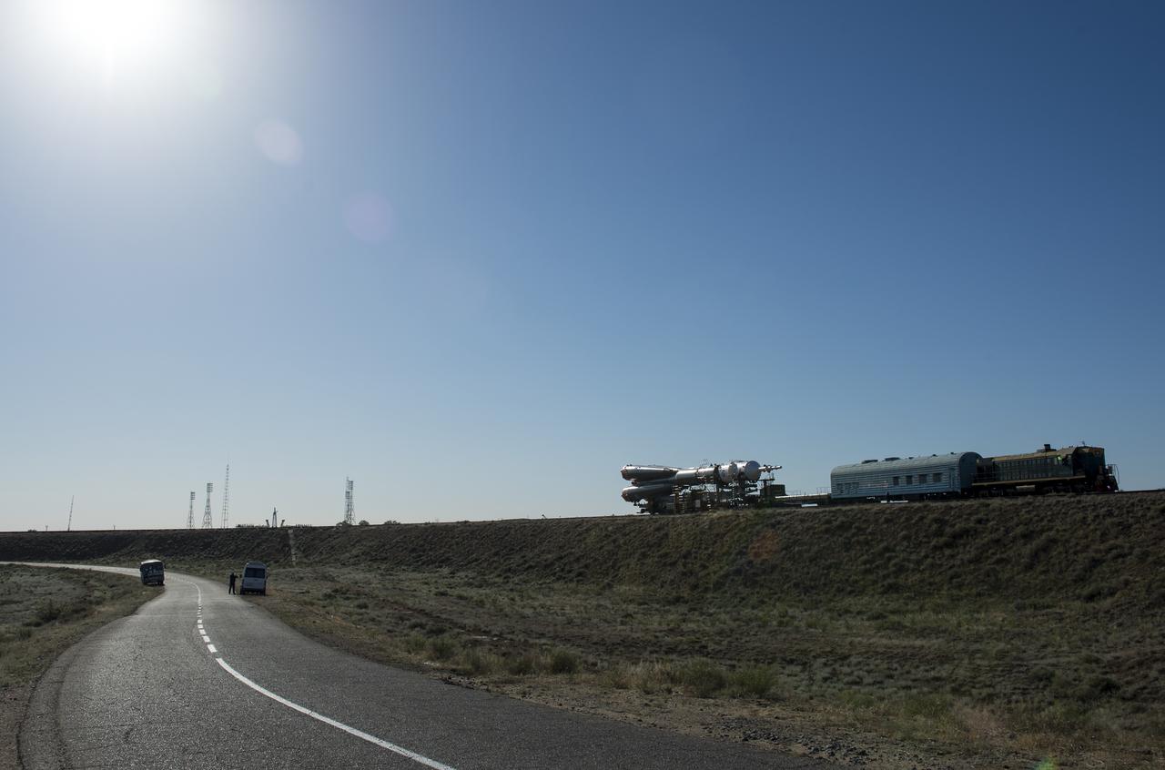 The Soyuz rocket is rolled out by train to the launch pad, Monday, June 4, 2018 at the Baikonur Cosmodrome in Kazakhstan. Expedition 56 Soyuz Commander Sergey Prokopyev of Roscosmos, flight engineer Serena Auñón-Chancellor of NASA, and flight engineer Alexander Gerst of ESA (European Space Agency) are scheduled to launch aboard their Soyuz MS-09 spacecraft at 7:12 a.m. Eastern time (5:12 p.m. Baikonur time), on Wednesday, June 6. Photo Credit: (NASA/Joel Kowsky)
