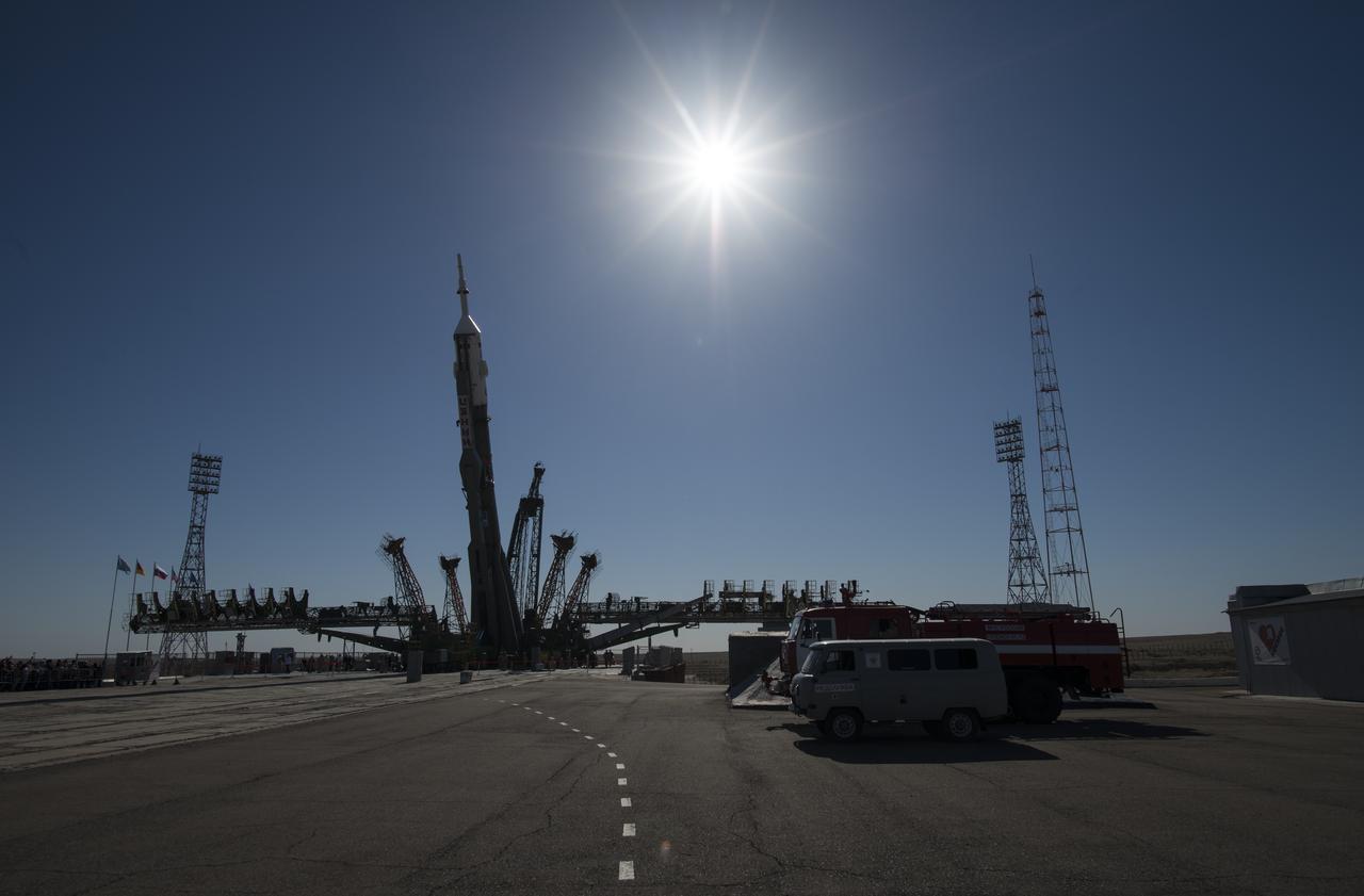 The Soyuz rocket is raised into a vertical position on the launch pad, Monday, June 4, 2018 at the Baikonur Cosmodrome in Kazakhstan. Expedition 56 Soyuz Commander Sergey Prokopyev of Roscosmos, flight engineer Serena Auñón-Chancellor of NASA, and flight engineer Alexander Gerst of ESA (European Space Agency) are scheduled to launch aboard their Soyuz MS-09 spacecraft at 7:12 a.m. Eastern time (5:12 p.m. Baikonur time), on Wednesday, June 6. Photo Credit: (NASA/Joel Kowsky)