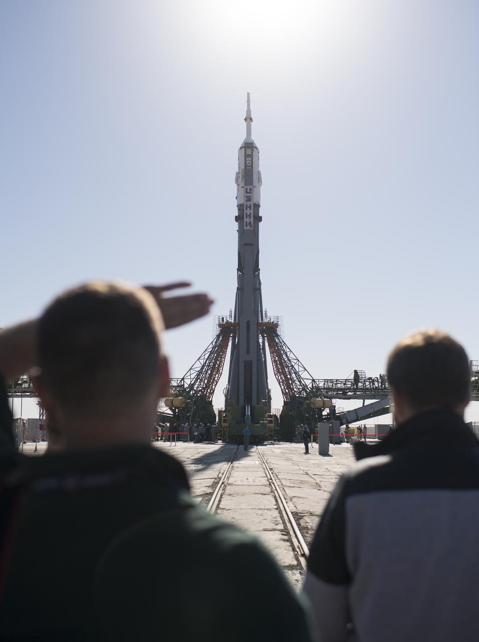 The Soyuz rocket is seen after being raised into a vertical position on the launch pad, Monday, June 4, 2018 at the Baikonur Cosmodrome in Kazakhstan. Expedition 56 Soyuz Commander Sergey Prokopyev of Roscosmos, flight engineer Serena Auñón-Chancellor of NASA, and flight engineer Alexander Gerst of ESA (European Space Agency) are scheduled to launch aboard their Soyuz MS-09 spacecraft at 7:12 a.m. Eastern time (5:12 p.m. Baikonur time), on Wednesday, June 6. Photo Credit: (NASA/Joel Kowsky)