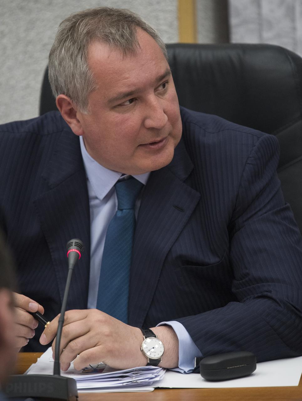 Dmitry Rogozin, Director General of Roscosmos, is seen during the State Commission meeting to approve the Soyuz launch of Expedition 56 to the International Space Station, Tuesday, June 5, 2018 at the Cosmonaut Hotel in Baikonur, Kazakhstan. Expedition 56 Soyuz Commander Sergey Prokopyev of Roscosmos, Serena Auñón-Chancellor of NASA, and Alexander Gerst of ESA (European Space Agency) are scheduled to launch to the International Space Station aboard the Soyuz MS-09 spacecraft on Wednesday, June 6. Photo Credit: (NASA/Joel Kowsky)