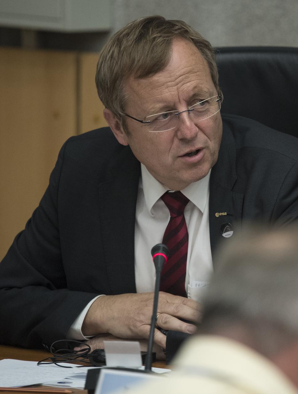 ESA (European Space Agency) Director General Johann-Dietrich Wörner is seen during the State Commission meeting to approve the Soyuz launch of Expedition 56 to the International Space Station, Tuesday, June 5, 2018 at the Cosmonaut Hotel in Baikonur, Kazakhstan. Expedition 56 Soyuz Commander Sergey Prokopyev of Roscosmos, Serena Auñón-Chancellor of NASA, and Alexander Gerst of ESA (European Space Agency) are scheduled to launch to the International Space Station aboard the Soyuz MS-09 spacecraft on Wednesday, June 6. Photo Credit: (NASA/Joel Kowsky)