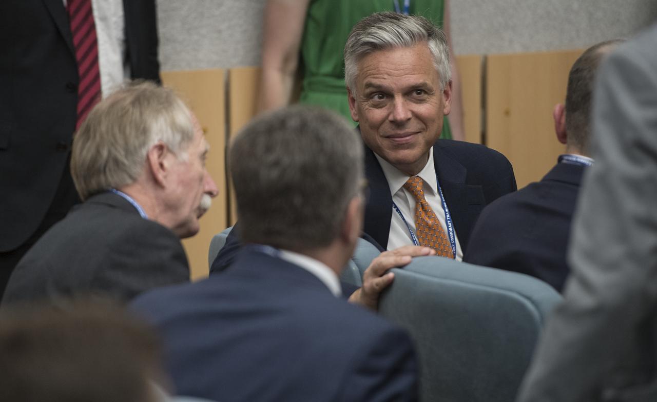 U.S. Ambassador to Russia Jon Huntsman Jr. is seen during the State Commission meeting to approve the Soyuz launch of Expedition 56 to the International Space Station, Tuesday, June 5, 2018 at the Cosmonaut Hotel in Baikonur, Kazakhstan. Expedition 56 Soyuz Commander Sergey Prokopyev of Roscosmos, Serena Auñón-Chancellor of NASA, and Alexander Gerst of ESA (European Space Agency) are scheduled to launch to the International Space Station aboard the Soyuz MS-09 spacecraft on Wednesday, June 6.   Photo Credit: (NASA/Joel Kowsky)