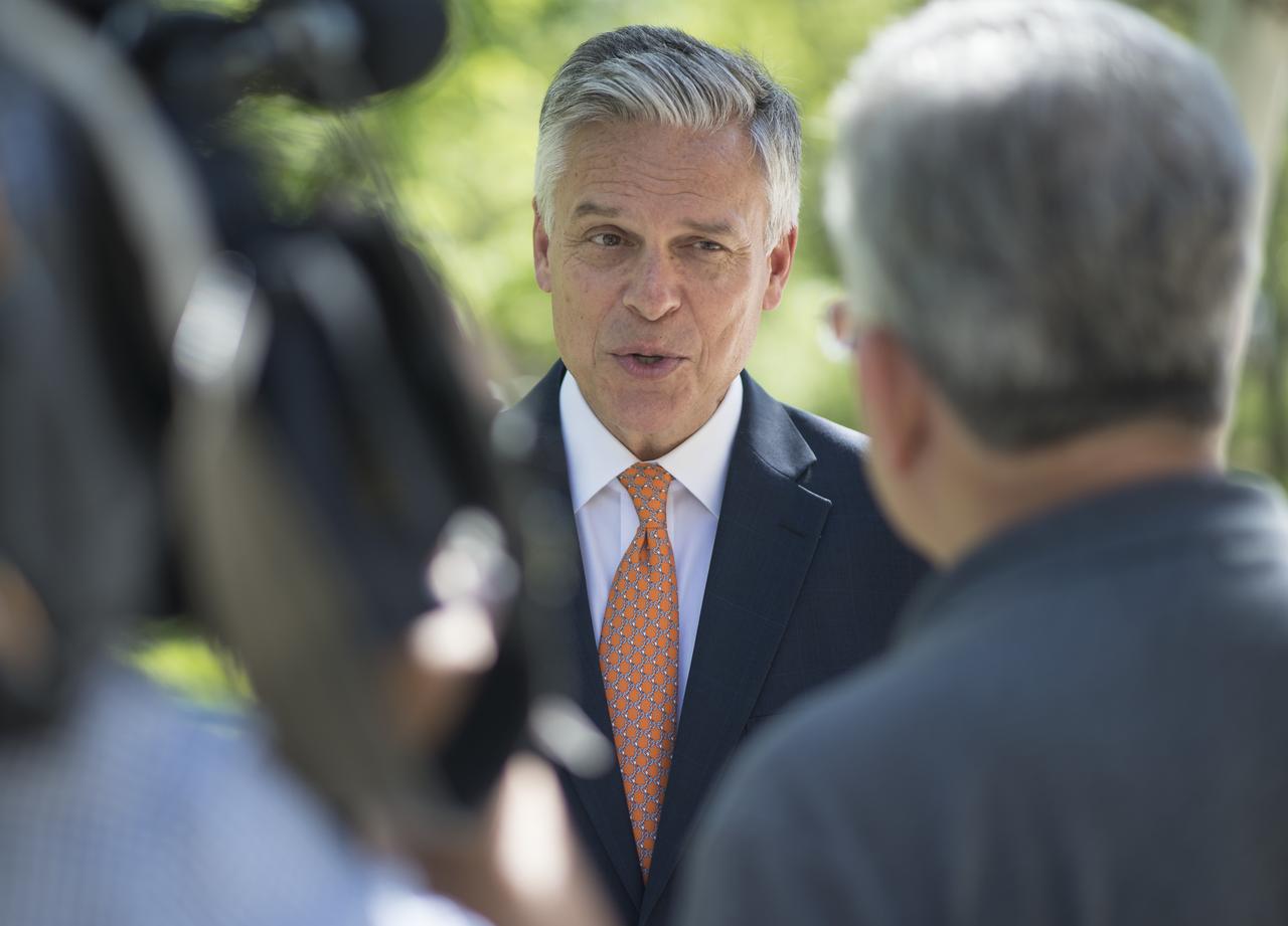 U.S. Ambassador to Russia Jon Huntsman Jr. is interviewed by NASA Public Affairs Officer Rob Navias after the completion of the State Commission meeting to approve the Soyuz launch of Expedition 56 to the International Space Station, Tuesday, June 5, 2018 at the Cosmonaut Hotel in Baikonur, Kazakhstan. Expedition 56 Soyuz Commander Sergey Prokopyev of Roscosmos, Serena Auñón-Chancellor of NASA, and Alexander Gerst of ESA (European Space Agency) are scheduled to launch to the International Space Station aboard the Soyuz MS-09 spacecraft on Wednesday, June 6. Photo Credit: (NASA/Joel Kowsky)