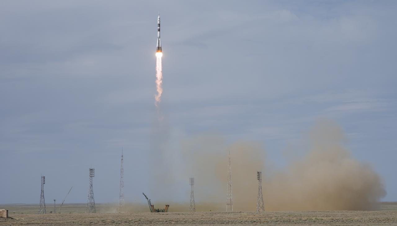 The Soyuz MS-09 rocket is launched with Expedition 56 Soyuz Commander Sergey Prokopyev of Roscosmos, flight engineer Serena Auñón-Chancellor of NASA, and flight engineer Alexander Gerst of ESA (European Space Agency), Wednesday, June 6, 2018 at the Baikonur Cosmodrome in Kazakhstan. Prokopyev, Auñón-Chancellor, and Gerst will spend the next six months living and working aboard the International Space Station. Photo Credit: (NASA/Joel Kowsky)