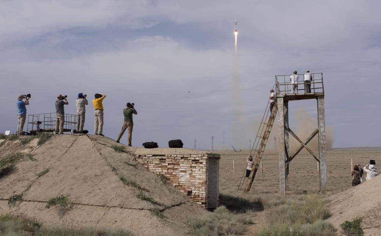 The Soyuz MS-09 rocket is launched with Expedition 56 Soyuz Commander Sergey Prokopyev of Roscosmos, flight engineer Serena Auñón-Chancellor of NASA, and flight engineer Alexander Gerst of ESA (European Space Agency), Wednesday, June 6, 2018 at the Baikonur Cosmodrome in Kazakhstan. Prokopyev, Auñón-Chancellor, and Gerst will spend the next six months living and working aboard the International Space Station. Photo Credit: (NASA/Joel Kowsky)