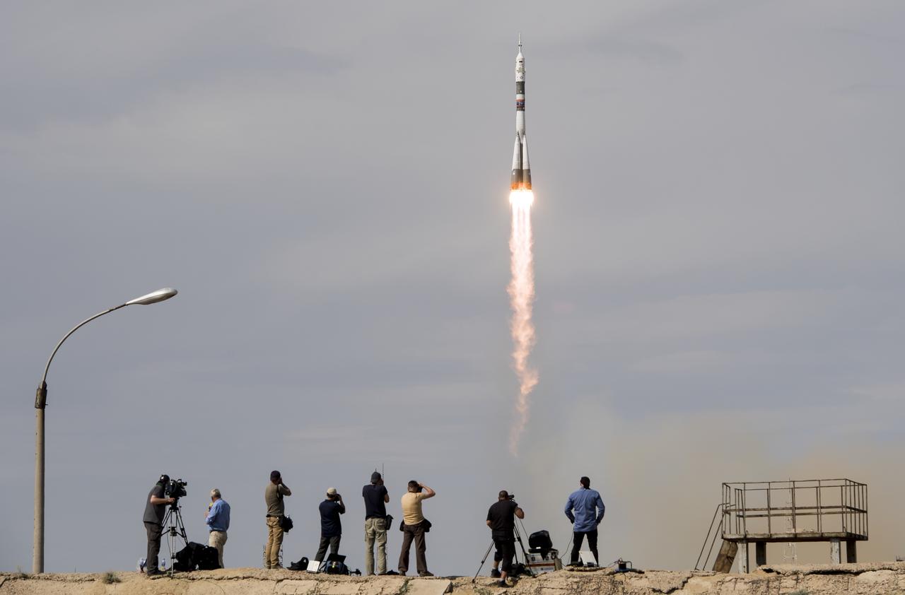 The Soyuz MS-09 rocket is launched with Expedition 56 Soyuz Commander Sergey Prokopyev of Roscosmos, flight engineer Serena Auñón-Chancellor of NASA, and flight engineer Alexander Gerst of ESA (European Space Agency), Wednesday, June 6, 2018 at the Baikonur Cosmodrome in Kazakhstan. Prokopyev, Auñón-Chancellor, and Gerst will spend the next six months living and working aboard the International Space Station.  Photo Credit: (NASA/Joel Kowsky)