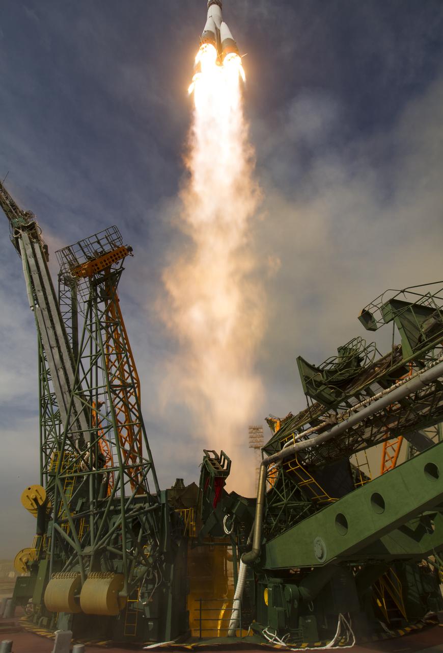 The Soyuz MS-09 rocket is launched with Expedition 56 Soyuz Commander Sergey Prokopyev of Roscosmos, flight engineer Serena Auñón-Chancellor of NASA, and flight engineer Alexander Gerst of ESA (European Space Agency), Wednesday, June 6, 2018 at the Baikonur Cosmodrome in Kazakhstan. Prokopyev, Auñón-Chancellor, and Gerst will spend the next six months living and working aboard the International Space Station. Photo Credit: (NASA/Joel Kowsky)