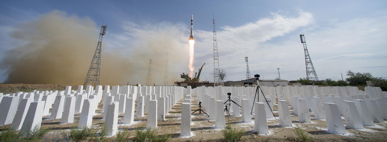 The Soyuz MS-09 rocket is launched with Expedition 56 Soyuz Commander Sergey Prokopyev of Roscosmos, flight engineer Serena Auñón-Chancellor of NASA, and flight engineer Alexander Gerst of ESA (European Space Agency), Wednesday, June 6, 2018 at the Baikonur Cosmodrome in Kazakhstan. Prokopyev, Auñón-Chancellor, and Gerst will spend the next six months living and working aboard the International Space Station.  Photo Credit: (NASA/Joel Kowsky)