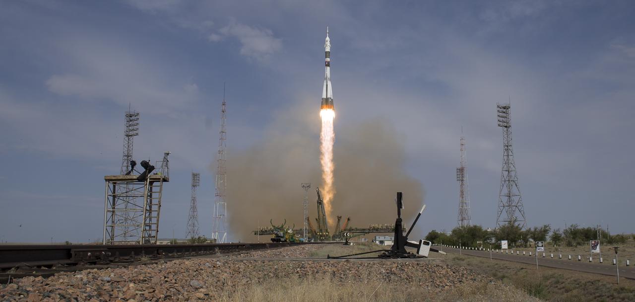 The Soyuz MS-09 rocket is launched with Expedition 56 Soyuz Commander Sergey Prokopyev of Roscosmos, flight engineer Serena Auñón-Chancellor of NASA, and flight engineer Alexander Gerst of ESA (European Space Agency), Wednesday, June 6, 2018 at the Baikonur Cosmodrome in Kazakhstan. Prokopyev, Auñón-Chancellor, and Gerst will spend the next six months living and working aboard the International Space Station.  Photo Credit: (NASA/Joel Kowsky)