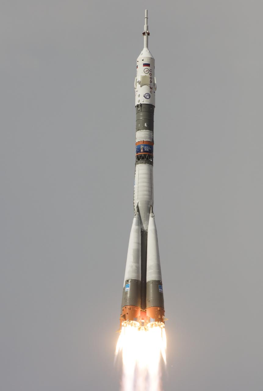 The Soyuz MS-09 rocket is launched with Expedition 56 Soyuz Commander Sergey Prokopyev of Roscosmos, flight engineer Serena Auñón-Chancellor of NASA, and flight engineer Alexander Gerst of ESA (European Space Agency), Wednesday, June 6, 2018 at the Baikonur Cosmodrome in Kazakhstan. Prokopyev, Auñón-Chancellor, and Gerst will spend the next six months living and working aboard the International Space Station. Photo Credit: (NASA/Joel Kowsky)