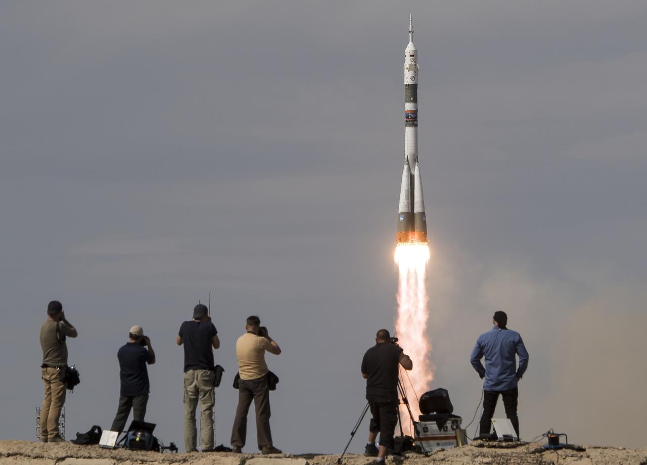 The Soyuz MS-09 rocket is launched with Expedition 56 Soyuz Commander Sergey Prokopyev of Roscosmos, flight engineer Serena Auñón-Chancellor of NASA, and flight engineer Alexander Gerst of ESA (European Space Agency), Wednesday, June 6, 2018 at the Baikonur Cosmodrome in Kazakhstan. Prokopyev, Auñón-Chancellor, and Gerst will spend the next six months living and working aboard the International Space Station. Photo Credit: (NASA/Joel Kowsky)