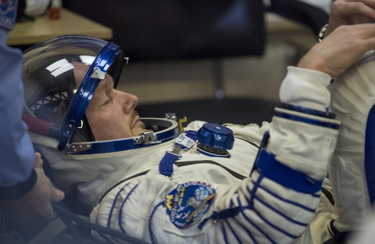 Expedition 56 flight engineer Alexander Gerst of ESA (European Space Agency) prepares to have his Russian Sokol suit pressure checked in preparation for launch aboard the Soyuz MS-09 spacecraft, Wednesday, June 6, 2018 at the Baikonur Cosmodrome in Kazakhstan. Gerst, flight engineer Serena Auñón-Chancellor of NASA, and Soyuz Commander Sergey Prokopyev of Roscosmos launched aboard the Soyuz MS-09 spacecraft at 7:12am EDT (5:12pm Baikonur time) on June 6 to begin their journey to the International Space Station.  Photo Credit: (NASA/Joel Kowsky)