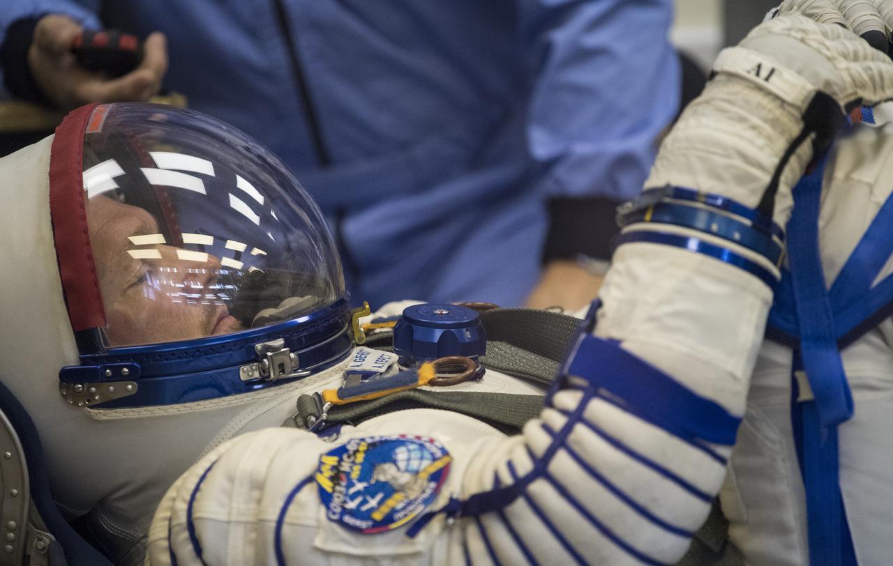 Expedition 56 flight engineer Alexander Gerst of ESA (European Space Agency) has his Russian Sokol suit pressure checked in preparation for launch aboard the Soyuz MS-09 spacecraft, Wednesday, June 6, 2018 at the Baikonur Cosmodrome in Kazakhstan. Gerst, flight engineer Serena Auñón-Chancellor of NASA, and Soyuz Commander Sergey Prokopyev of Roscosmos launched aboard the Soyuz MS-09 spacecraft at 7:12am EDT (5:12pm Baikonur time) on June 6 to begin their journey to the International Space Station.  Photo Credit: (NASA/Joel Kowsky)