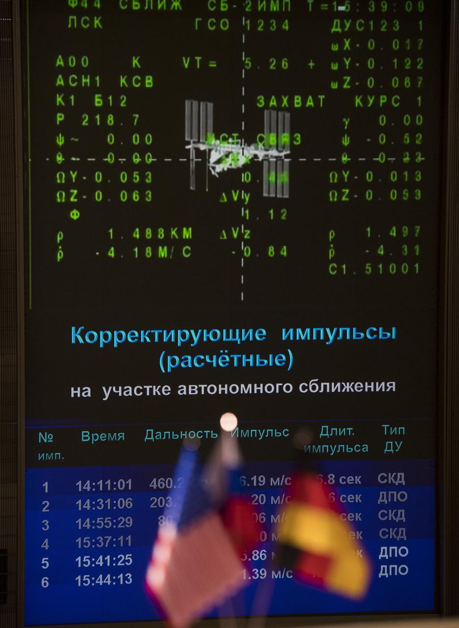 A live view of the International Space Station, as seen by cameras onboard the spacecraft with Expedition 56-57 crewmembers Serena Auñón-Chancellor of NASA, Sergey Prokopyev of Roscosmos, and Alexander Gerst of ESA (European Space Agency) is seen on screens at the Moscow Mission Control Center as the spacecraft approaches for docking, Friday, June 8, 2018 in Korolev, Russia. The Soyuz MS-09 spacecraft carrying Auñón-Chancellor, Prokopyev, and Gerst docked at 9:01am EDT (4:01pm Moscow time) to the Rassvet module of the International Space Station to join Expedition 56 Commander Drew Feustel of NASA and flight engineers Ricky Arnold of NASA and Oleg Artemyev of Roscosmos. Photo Credit: (NASA/Joel Kowsky)