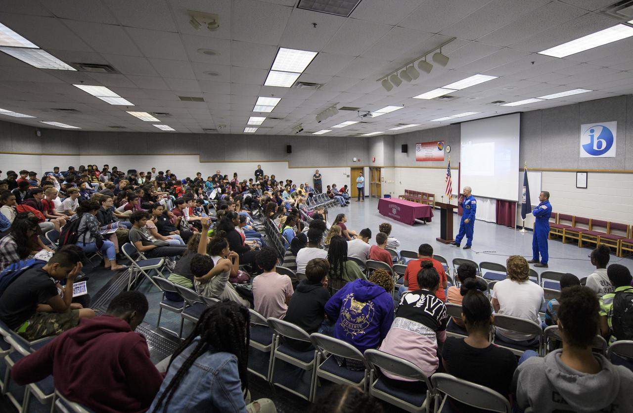 NASA astronauts Mark Vande Hei, left, and Joe Acaba answer questions during a presentation to students at Walt Whitman Middle School, Thursday, June 14, 2018 in Alexandria, Va. Acaba and astronaut Mark Vande Hei answered questions from the audience and spoke about their experiences aboard the International Space Station for 168 days as part of Expedition 53 and 54. Photo Credit: (NASA/Joel Kowsky)