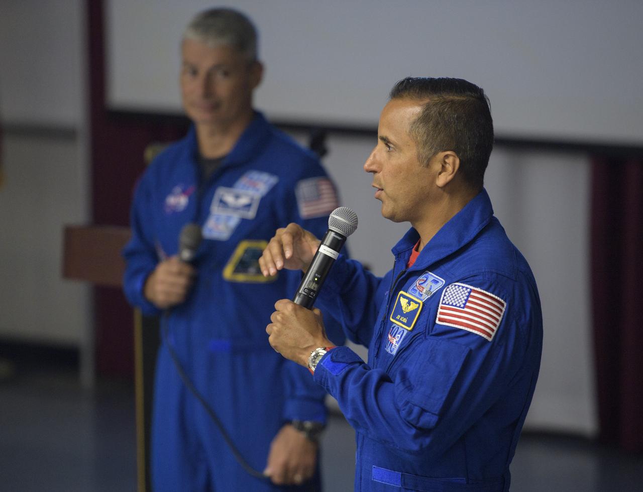 NASA astronaut Joe Acaba speaks about his time onboard the International Space Station during a presentation to students at Walt Whitman Middle School, Thursday, June 14, 2018 in Alexandria, Va. Acaba and astronaut Mark Vande Hei answered questions from the audience and spoke about their experiences aboard the International Space Station for 168 days as part of Expedition 53 and 54. Photo Credit: (NASA/Joel Kowsky)