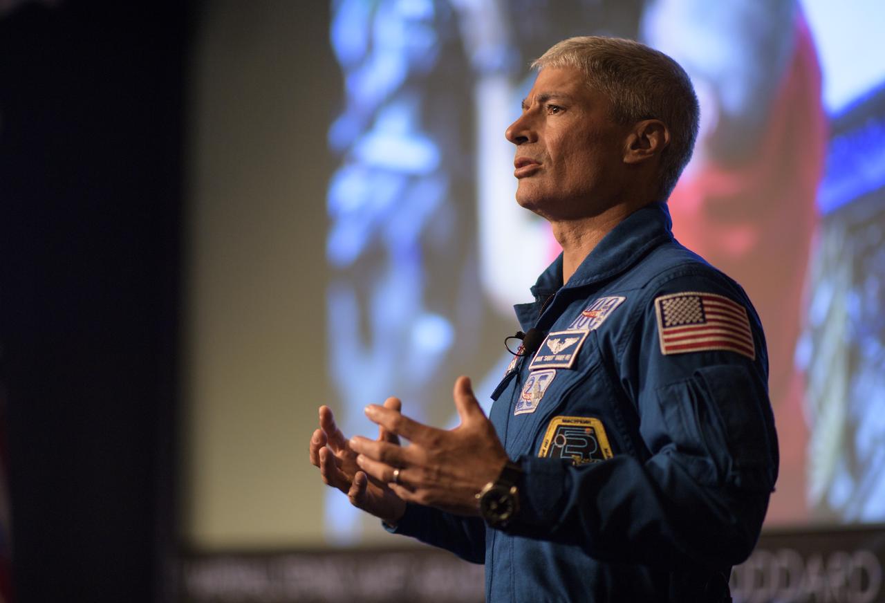 NASA astronaut Mark Vande Hei speaks about his time onboard the International Space Station, Friday, June 15, 2018 at NASA Headquarters in Washington. Vande Hei and astronaut Joe Acaba answered questions from the audience and spoke about their experiences aboard the International Space Station for 168 days as part of Expedition 53 and 54. Photo Credit: (NASA/Joel Kowsky)