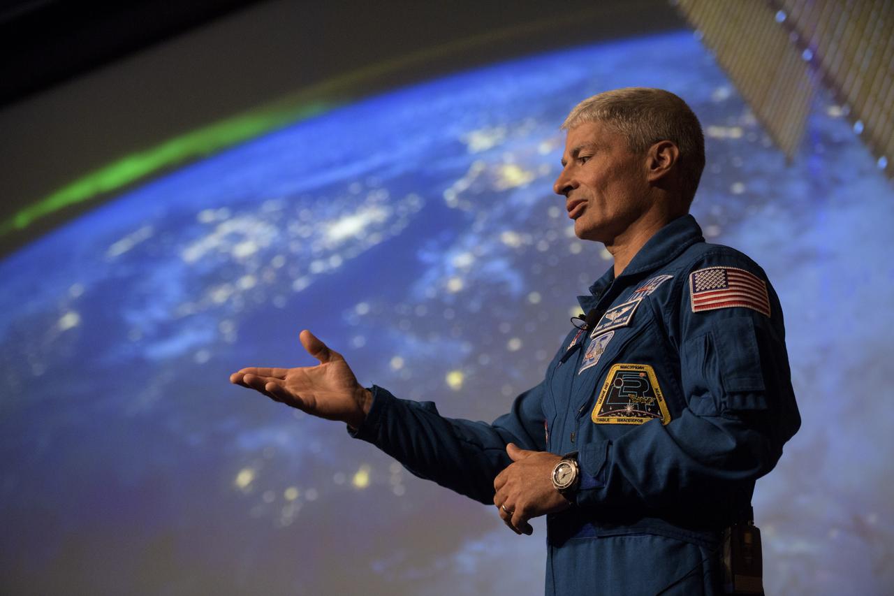 NASA astronaut Mark Vande Hei speaks about his time onboard the International Space Station, Friday, June 15, 2018 at NASA Headquarters in Washington. Vande Hei and astronaut Joe Acaba answered questions from the audience and spoke about their experiences aboard the International Space Station for 168 days as part of Expedition 53 and 54. Photo Credit: (NASA/Joel Kowsky)