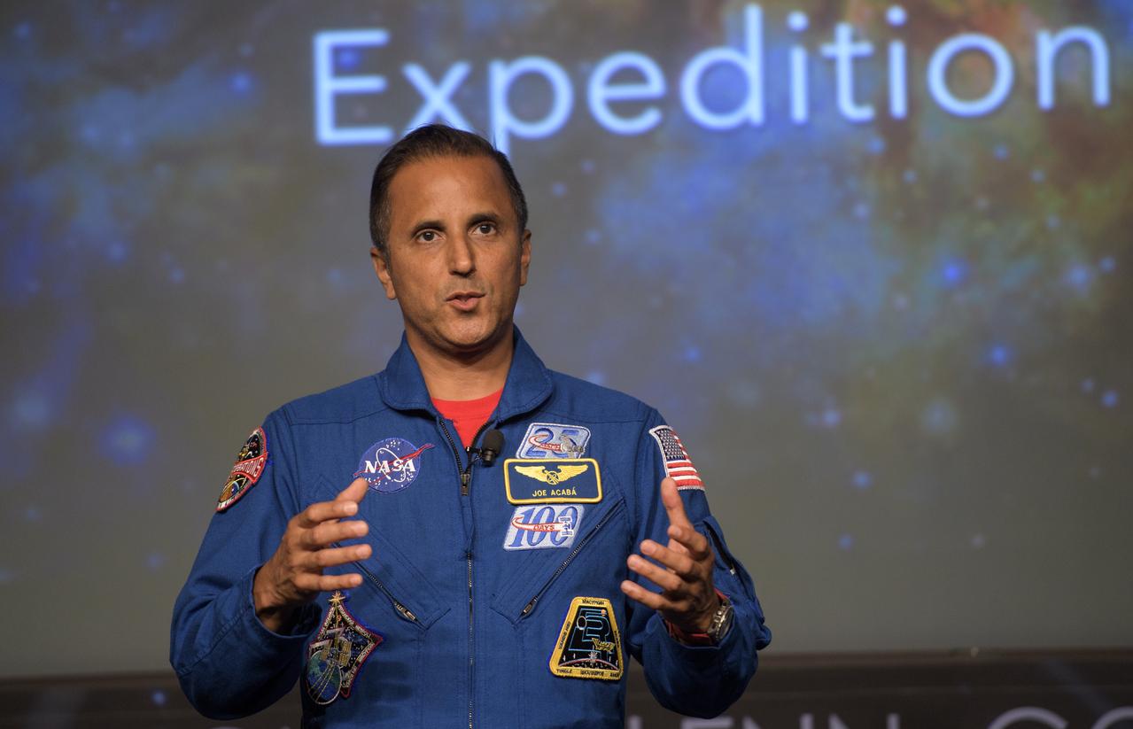 NASA astronaut Joe Acaba speaks about his time onboard the International Space Station, Friday, June 15, 2018 at NASA Headquarters in Washington. Acaba and astronaut Mark Vande Hei answered questions from the audience and spoke about their experiences aboard the International Space Station for 168 days as part of Expedition 53 and 54. Photo Credit: (NASA/Joel Kowsky)