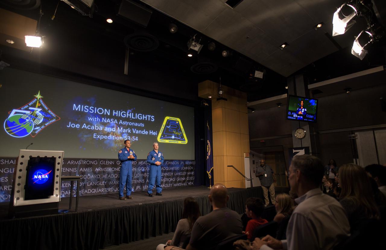 NASA astronauts Joe Acaba, left, and Mark Vande Hei, right, answer questions from the audience after speaking about their time onboard the International Space Station, Friday, June 15, 2018 at NASA Headquarters in Washington. Acaba and Vande Hei answered questions from the audience and spoke about their experiences aboard the International Space Station for 168 days as part of Expedition 53 and 54. Photo Credit: (NASA/Joel Kowsky)