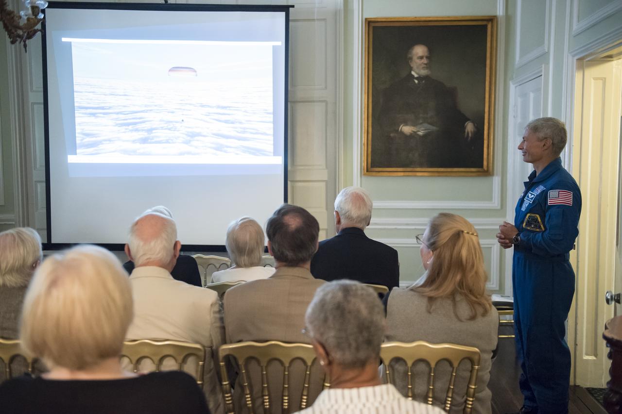Attendees listen as NASA astronaut Mark Vande Hei speaks about his time onboard the International Space Station, Friday, June 15, 2018 at the DACOR Bacon House in Washington. The house is an early nineteenth century home and the current headquarters of DACOR Foundation, an organization of foreign affairs professionals. Photo Credit: (NASA/Aubrey Gemignani)