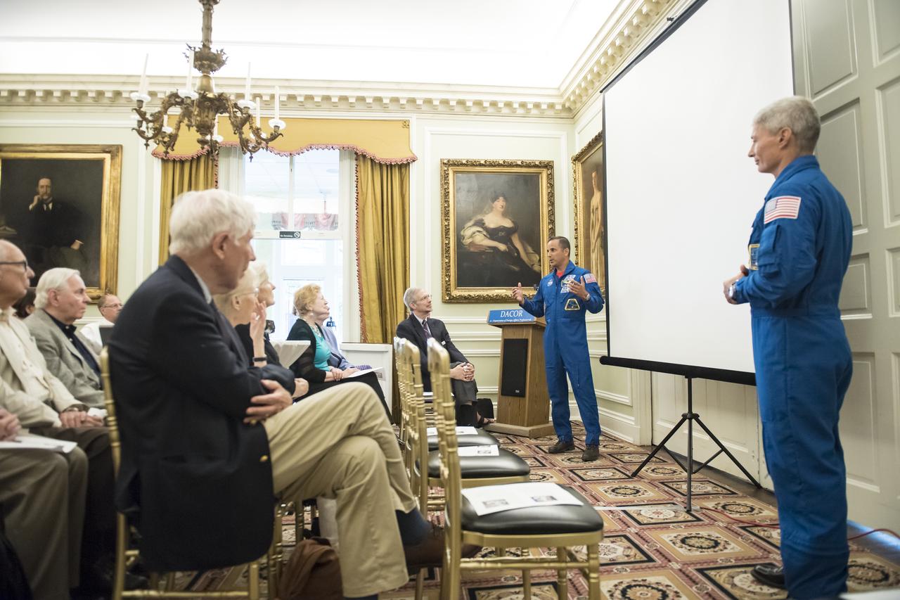 NASA astronauts Joe Acaba, left, and Mark Vande Hei, right, speak about their time onboard the International Space Station, Friday, June 15, 2018 at the DACOR Bacon House in Washington. The house is an early nineteenth century home and the current headquarters of DACOR Foundation, an organization of foreign affairs professionals. Photo Credit: (NASA/Aubrey Gemignani)