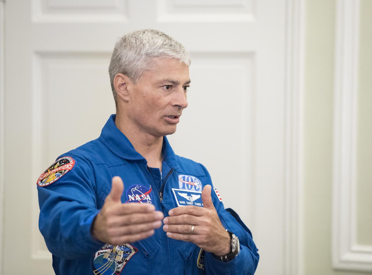 NASA astronaut Mark Vande Hei speaks about his time onboard the International Space Station, Friday, June 15, 2018 at the DACOR Bacon House in Washington. The house is an early nineteenth century home and the current headquarters of DACOR Foundation, an organization of foreign affairs professionals. Photo Credit: (NASA/Aubrey Gemignani)