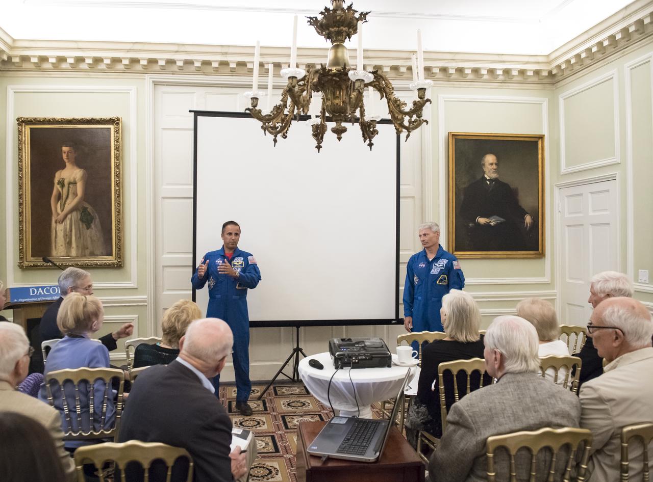 NASA astronauts Joe Acaba, left, and Mark Vande Hei, right, speak about their time onboard the International Space Station, Friday, June 15, 2018 at the DACOR Bacon House in Washington. The house is an early nineteenth century home and the current headquarters of DACOR Foundation, an organization of foreign affairs professionals. Photo Credit: (NASA/Aubrey Gemignani)