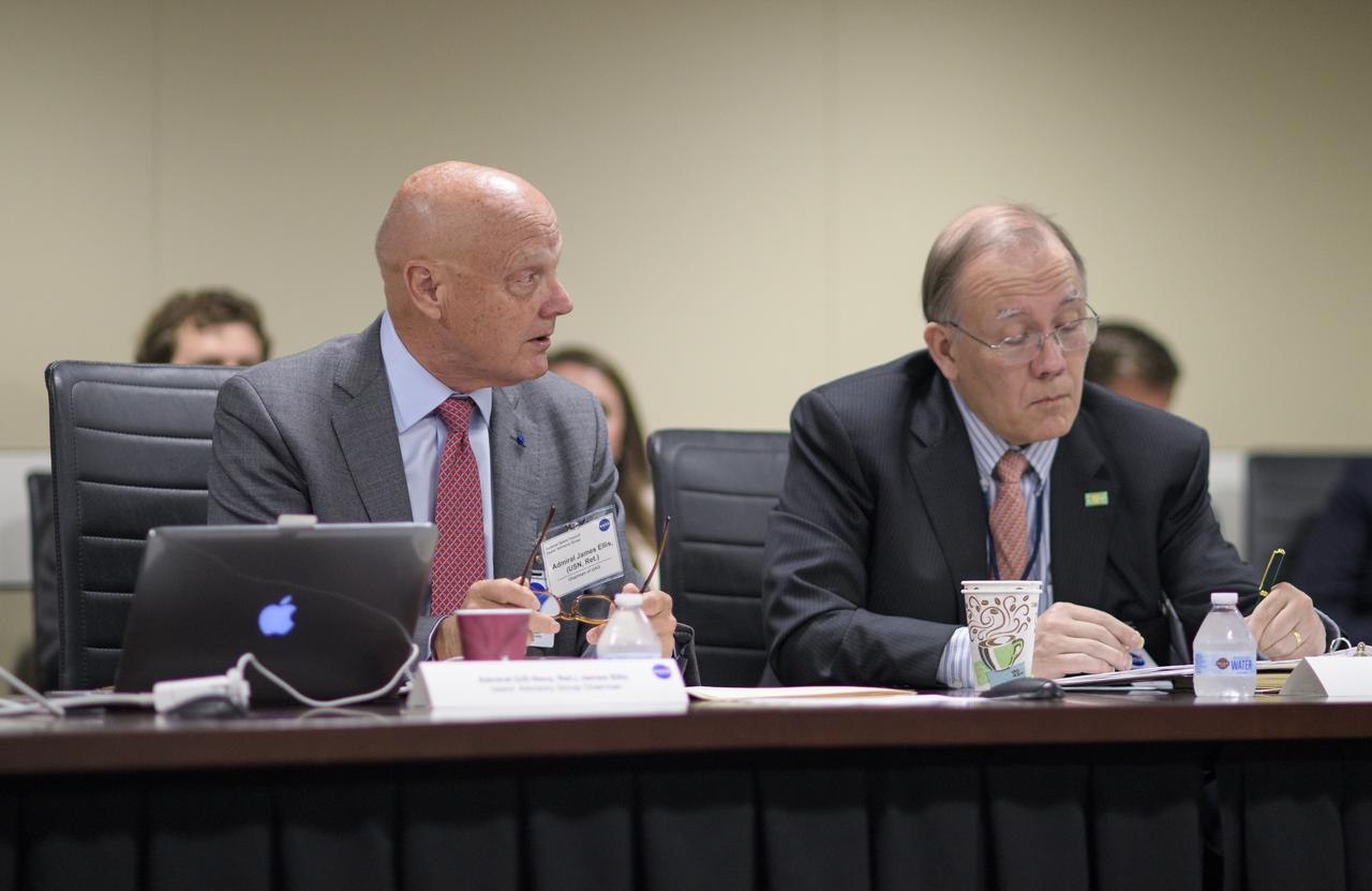 National Space Council Executive Secretary Scott Pace, right, and Chairman of the Users' Advisory Group Adm. Jim Ellis, USN (Ret.), left, are seen during the first meeting of the National Space Council Users' Advisory Group, Tuesday, June 19, 2018 at NASA Headquarters in Washington. The Users' Advisory Group will advise and inform the National Space Council on a broad range of aerospace topics, including the impacts of U.S. and international laws and regulations, national security space priorities, scientific and human space exploration priorities, and ways to bolster support. Photo Credit: (NASA/Joel Kowsky)