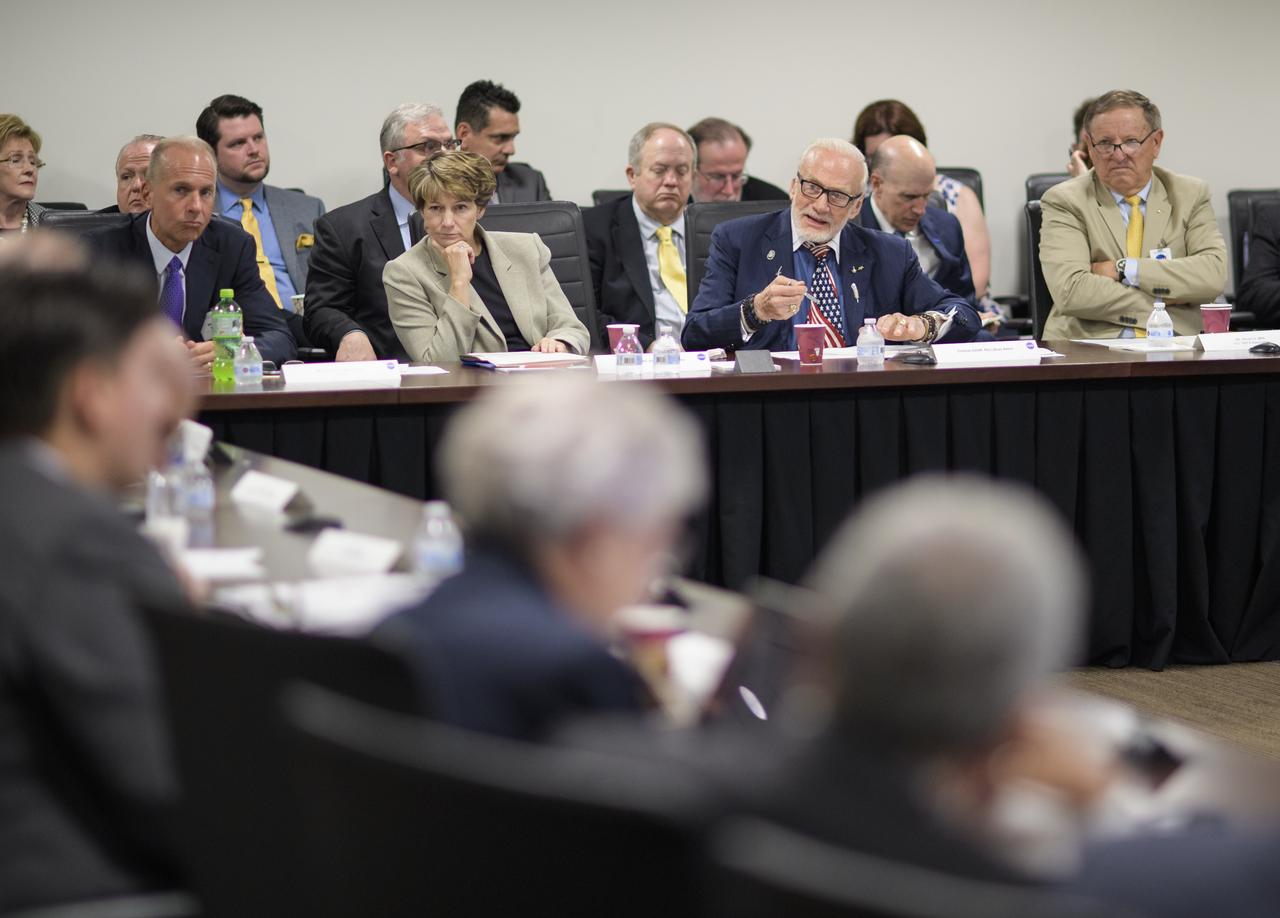 Users' Advisory Group members, from left, Dennis Muilenburg, CEO of the Boeing Company; Eileen Collins, former NASA astronaut; Buzz Aldrin, Apollo 11 astronaut; Stu Witt, founder of the Mojave Air and Spaceport and former Chairman of the Commercial Spaceflight Federation; are seen during the first meeting of the National Space Council Users' Advisory Group, Tuesday, June 19, 2018 at NASA Headquarters in Washington. The Users' Advisory Group will advise and inform the National Space Council on a broad range of aerospace topics, including the impacts of U.S. and international laws and regulations, national security space priorities, scientific and human space exploration priorities, and ways to bolster support. Photo Credit: (NASA/Joel Kowsky)
