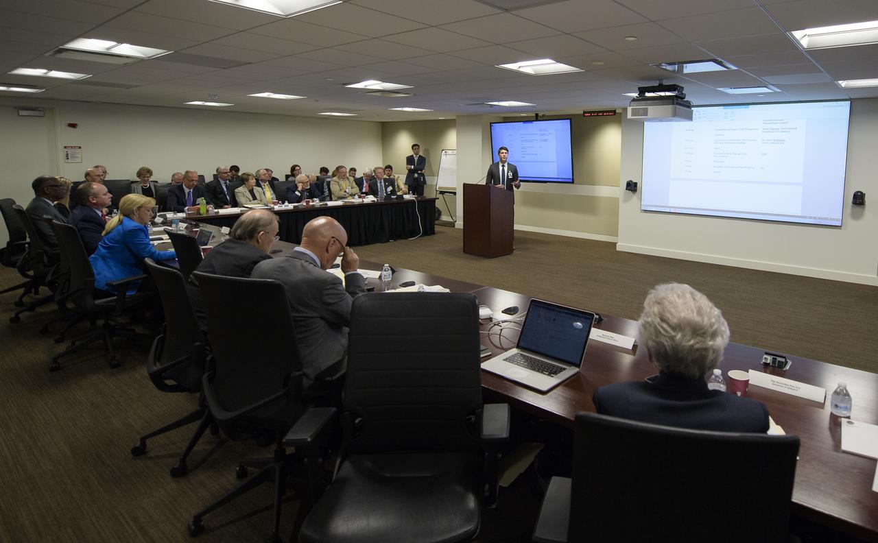 James Uthmeier, of the Department of Commerce, speaks about deregulation and space traffic management initiatives at the first meeting of the National Space Council Users' Advisory Group, Tuesday, June 19, 2018 at NASA Headquarters in Washington. The Users' Advisory Group will advise and inform the National Space Council on a broad range of aerospace topics, including the impacts of U.S. and international laws and regulations, national security space priorities, scientific and human space exploration priorities, and ways to bolster support. Photo Credit: (NASA/Joel Kowsky)