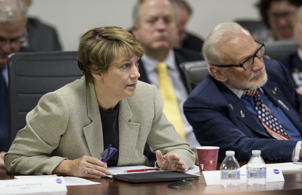 Users' Advisory Group member Eileen Collins, 4-time Shuttle astronaut and first female Shuttle commander, is seen during the first meeting of the National Space Council Users' Advisory Group, Tuesday, June 19, 2018 at NASA Headquarters in Washington. The Users' Advisory Group will advise and inform the National Space Council on a broad range of aerospace topics, including the impacts of U.S. and international laws and regulations, national security space priorities, scientific and human space exploration priorities, and ways to bolster support. Photo Credit: (NASA/Joel Kowsky)