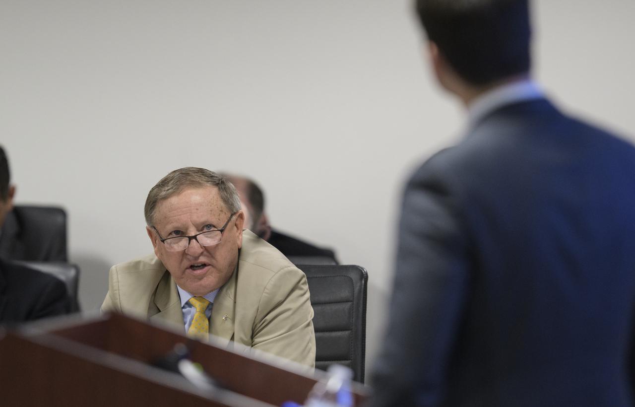 Stu Witt, founder of the Mojave Air and Spaceport and former Chairman of the Commercial Spaceflight Federation, asks a questions of the Department of Commerce's James Uthmeier during the first meeting of the National Space Council Users' Advisory Group, Tuesday, June 19, 2018 at NASA Headquarters in Washington. The Users' Advisory Group will advise and inform the National Space Council on a broad range of aerospace topics, including the impacts of U.S. and international laws and regulations, national security space priorities, scientific and human space exploration priorities, and ways to bolster support. Photo Credit: (NASA/Joel Kowsky)