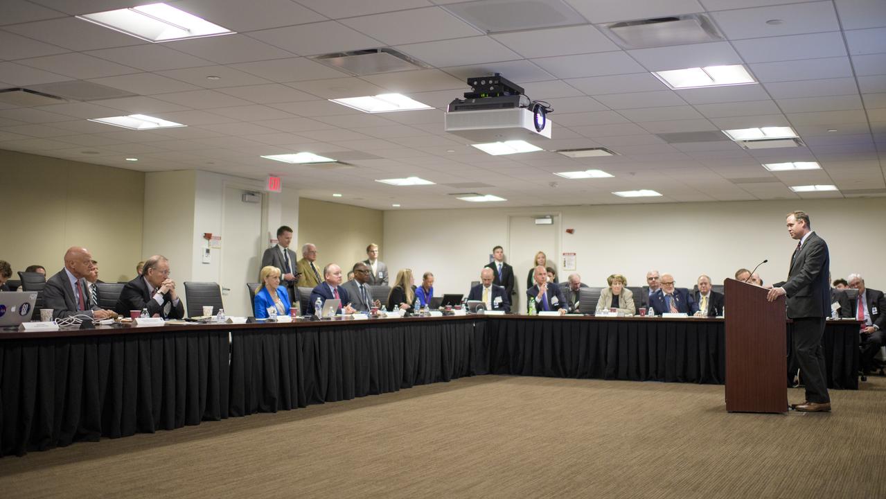 NASA Administrator Jim Bridenstine speaks at the first meeting of the National Space Council Users' Advisory Group, Tuesday, June 19, 2018 at NASA Headquarters in Washington. The Users' Advisory Group will advise and inform the National Space Council on a broad range of aerospace topics, including the impacts of U.S. and international laws and regulations, national security space priorities, scientific and human space exploration priorities, and ways to bolster support. Photo Credit: (NASA/Joel Kowsky)