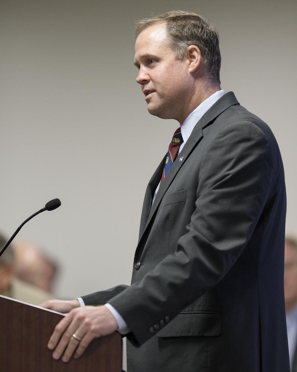 NASA Administrator Jim Bridenstine speaks at the first meeting of the National Space Council Users' Advisory Group, Tuesday, June 19, 2018 at NASA Headquarters in Washington. The Users' Advisory Group will advise and inform the National Space Council on a broad range of aerospace topics, including the impacts of U.S. and international laws and regulations, national security space priorities, scientific and human space exploration priorities, and ways to bolster support. Photo Credit: (NASA/Joel Kowsky)