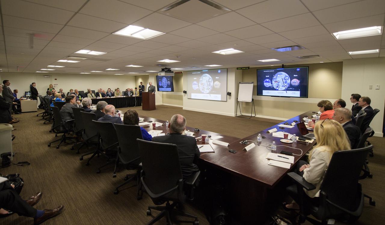 NASA Administrator Jim Bridenstine speaks at the first meeting of the National Space Council Users' Advisory Group, Tuesday, June 19, 2018 at NASA Headquarters in Washington. The Users' Advisory Group will advise and inform the National Space Council on a broad range of aerospace topics, including the impacts of U.S. and international laws and regulations, national security space priorities, scientific and human space exploration priorities, and ways to bolster support. Photo Credit: (NASA/Joel Kowsky)