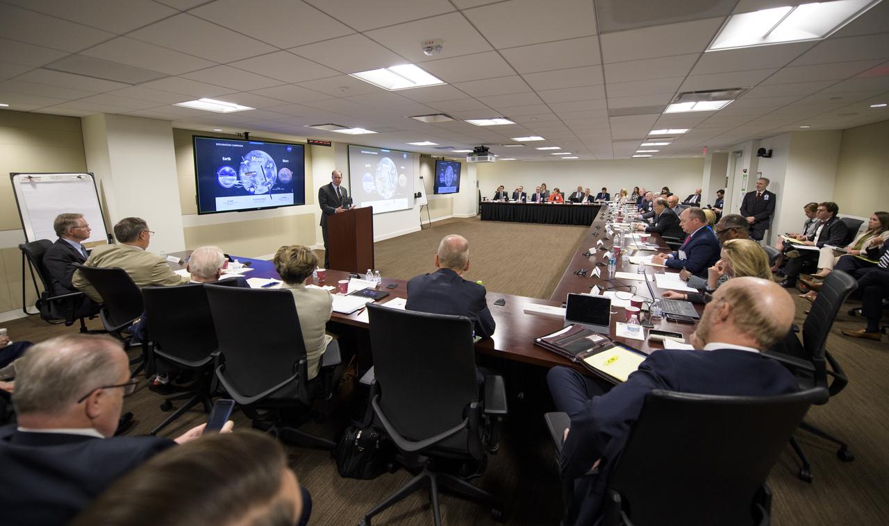 NASA Administrator Jim Bridenstine speaks at the first meeting of the National Space Council Users' Advisory Group, Tuesday, June 19, 2018 at NASA Headquarters in Washington. The Users' Advisory Group will advise and inform the National Space Council on a broad range of aerospace topics, including the impacts of U.S. and international laws and regulations, national security space priorities, scientific and human space exploration priorities, and ways to bolster support. Photo Credit: (NASA/Joel Kowsky)