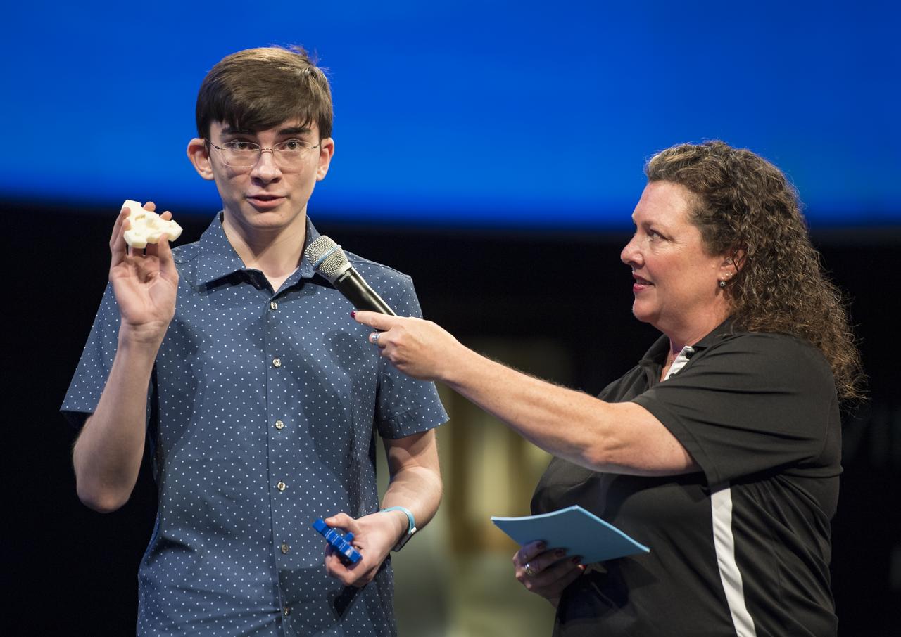 Future Engineers "Two for the Crew" competition winner, Ansel Austin, speaks about his Trillium Tool, a type of wrench, during a STEM in 30 event, Wednesday, June 27, 2018 at Smithsonian's National Air and Space Museum in Washington. Photo Credit: (NASA/Aubrey Gemignani)