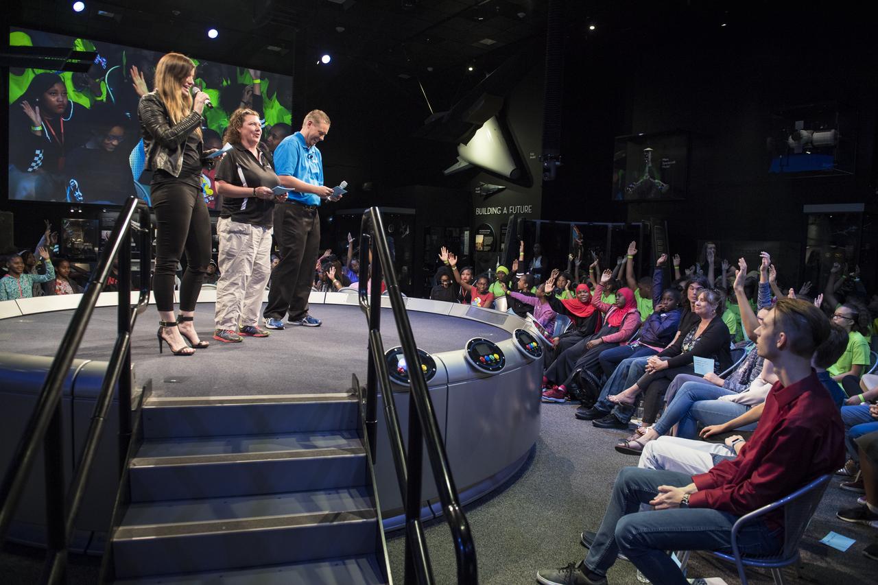 Deanne Bell, engineer, television host, and the founder & CEO of Future Engineers speaks to students during a STEM in 30 event where they announced the winners of the "Two for the Crew" competition, Wednesday, June 27, 2018 at Smithsonian's National Air and Space Museum in Washington. Photo Credit: (NASA/Aubrey Gemignani)