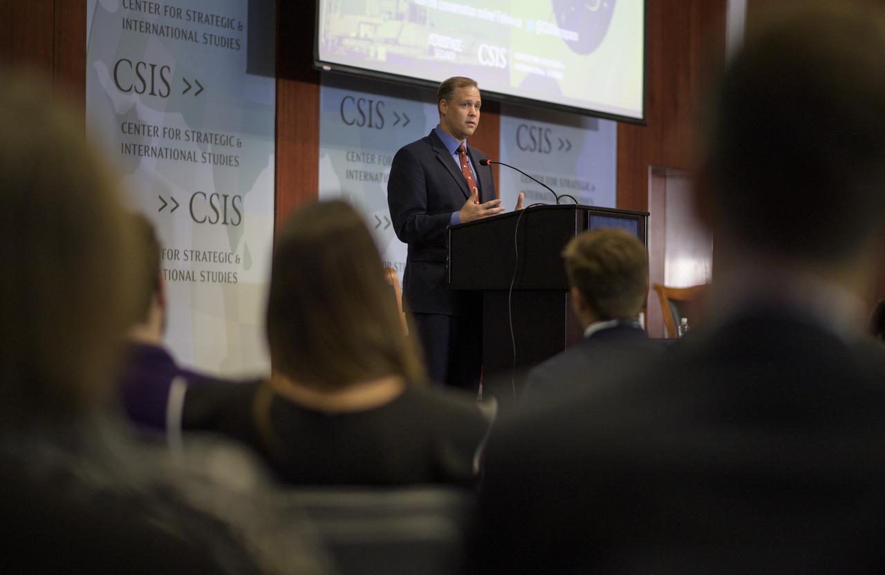 NASA Administrator Jim Bridenstine speaks at an event celebrating NASA's 60th anniversary at the Center for Strategic and International Studies on Monday, July 23, 2018 in Washington. Following his remarks, the administrator participated in a panel discussion with former administrators Sean O'Keefe and Charles Bolden. (Photo Credit: NASA/Joel Kowsky)