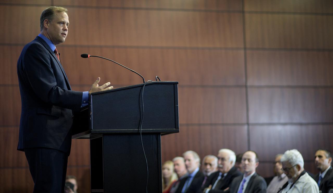 NASA Administrator Jim Bridenstine speaks at an event celebrating NASA's 60th anniversary at the Center for Strategic and International Studies on Monday, July 23, 2018 in Washington. Following his remarks, the administrator participated in a panel discussion with former administrators Sean O'Keefe and Charles Bolden. (Photo Credit: NASA/Joel Kowsky)