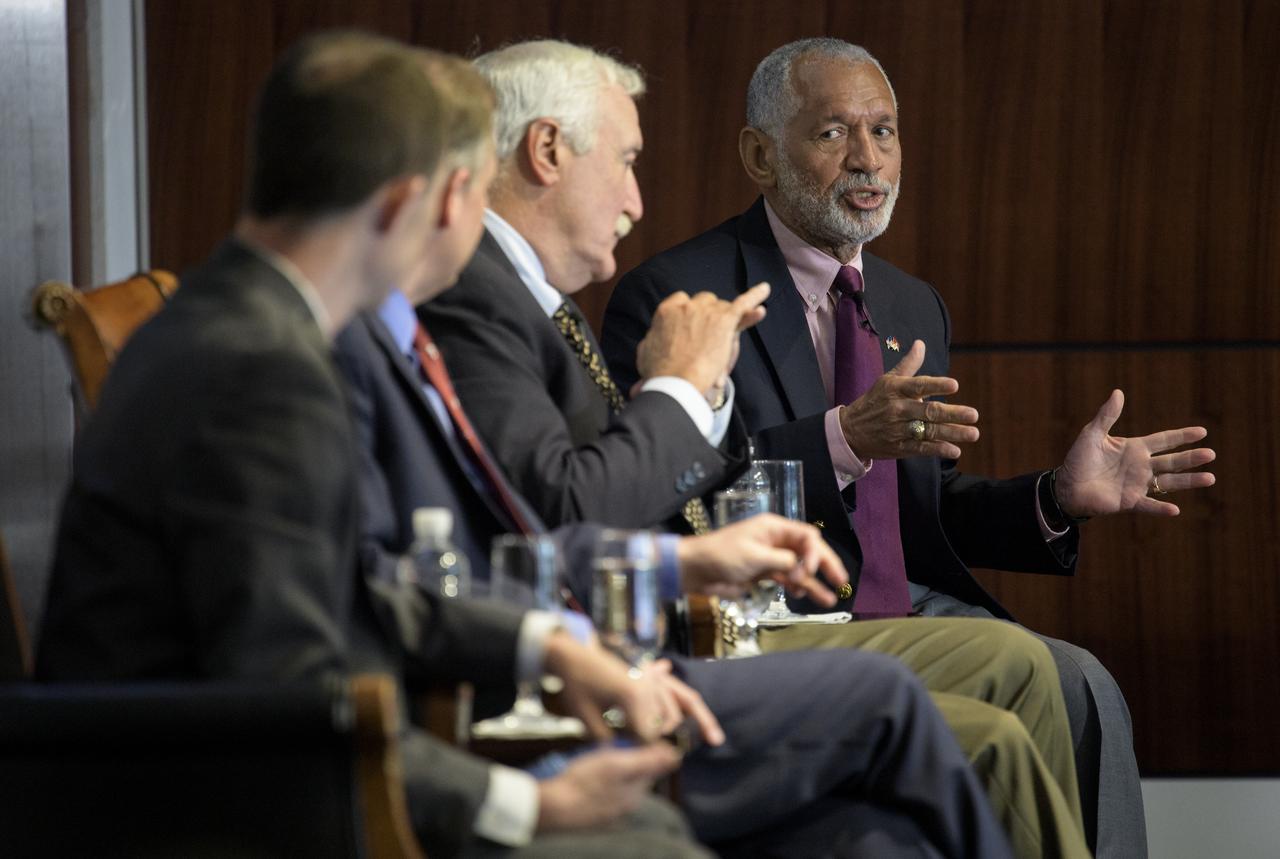 Former NASA Administrator Charles Bolden, right, answers a question during a panel discussion with NASA Administrator Jim Bridenstine and former NASA Administrator Sean O'Keefe at an event celebrating NASA's 60th anniversary at the Center for Strategic and International Studies on Monday, July 23, 2018 in Washington. Bolden, Bridenstine, and O'Keefe answered questions about the past and future of the agency. (Photo Credit: NASA/Joel Kowsky)