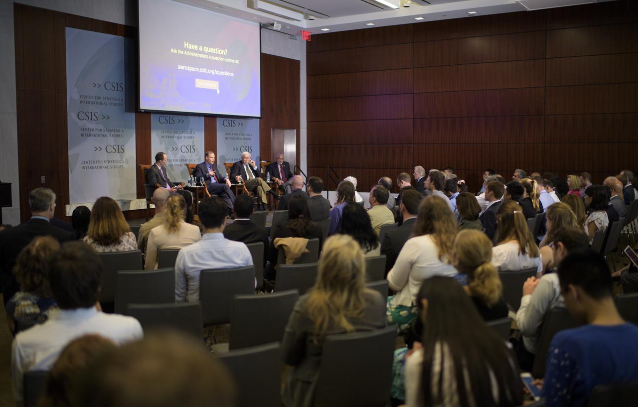 NASA Administrator Jim Bridenstine, second from left, answers a question during a discussion with Todd Harrison, director of defense budget analysis and the aerospace security project, and senior fellow in the international security program at the Center for Strategic and International Studies, left, and former NASA Administrators Sean O'Keefe, second from right, and Charles Bolden, right, during an event celebrating NASA's 60th anniversary at the Center for Strategic and International Studies on Monday, July 23, 2018 in Washington. Bridenstine, O'Keefe, and Bolden answered questions about the past and future of the agency. (Photo Credit: NASA/Joel Kowsky)