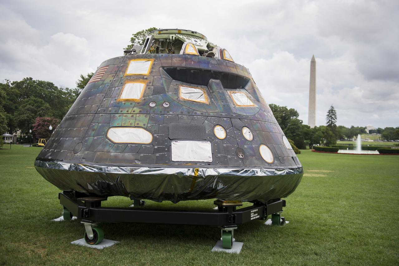 NASA's Orion spacecraft that flew on Exploration Flight Test-1 on Dec. 5, 2014, is seen on the south lawn of the White House during a Made in America Product Showcase, Monday, July 23, 2018 in Washington.  Lockheed Martin, NASA’s prime contractor for Orion, began manufacturing the Orion crew module in 2011 and delivered it in July 2012 to NASA's Kennedy Space Center where final assembly, integration and testing was completed. More than 1,000 companies across the country manufactured or contributed elements to the spacecraft. Photo Credit: (NASA/Aubrey Gemignani)