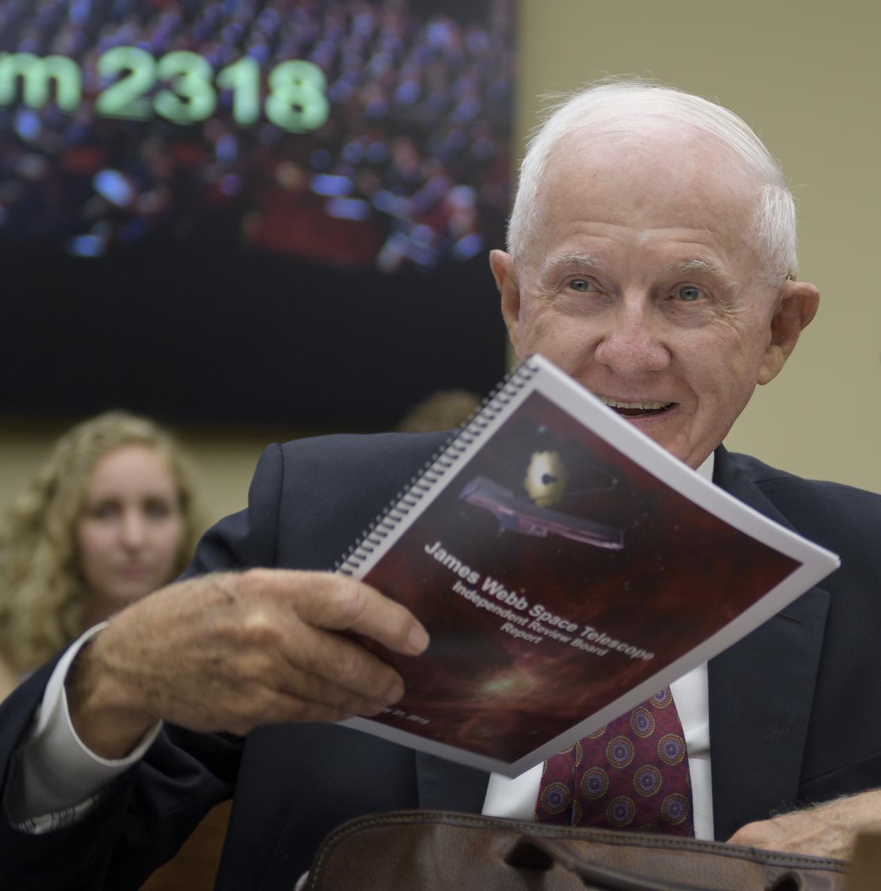 Tom Young, chairman, JWST Independent Review Board, prepares to testify before the House Committee on Science, Space, and Technology during a hearing on the James Webb Space Telescope, Wednesday, July 25, 2018 at the Rayburn House Office Building in Washington. Photo Credit: (NASA/Bill Ingalls)