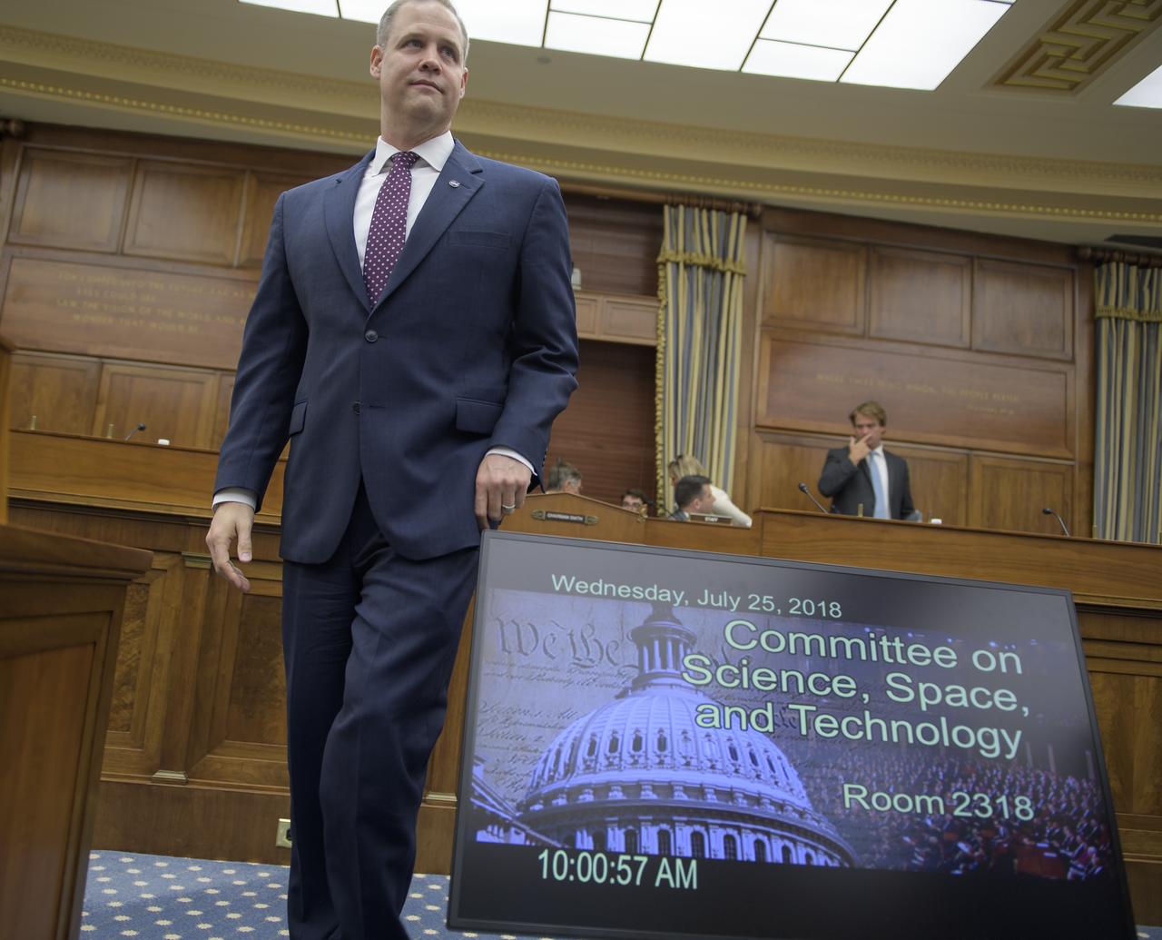 NASA Administrator Jim Bridenstine is seen as he prepares to testify before the House Committee on Science, Space, and Technology during a hearing on the James Webb Space Telescope, Wednesday, July 25, 2018 at the Rayburn House Office Building in Washington. Photo Credit: (NASA/Bill Ingalls)