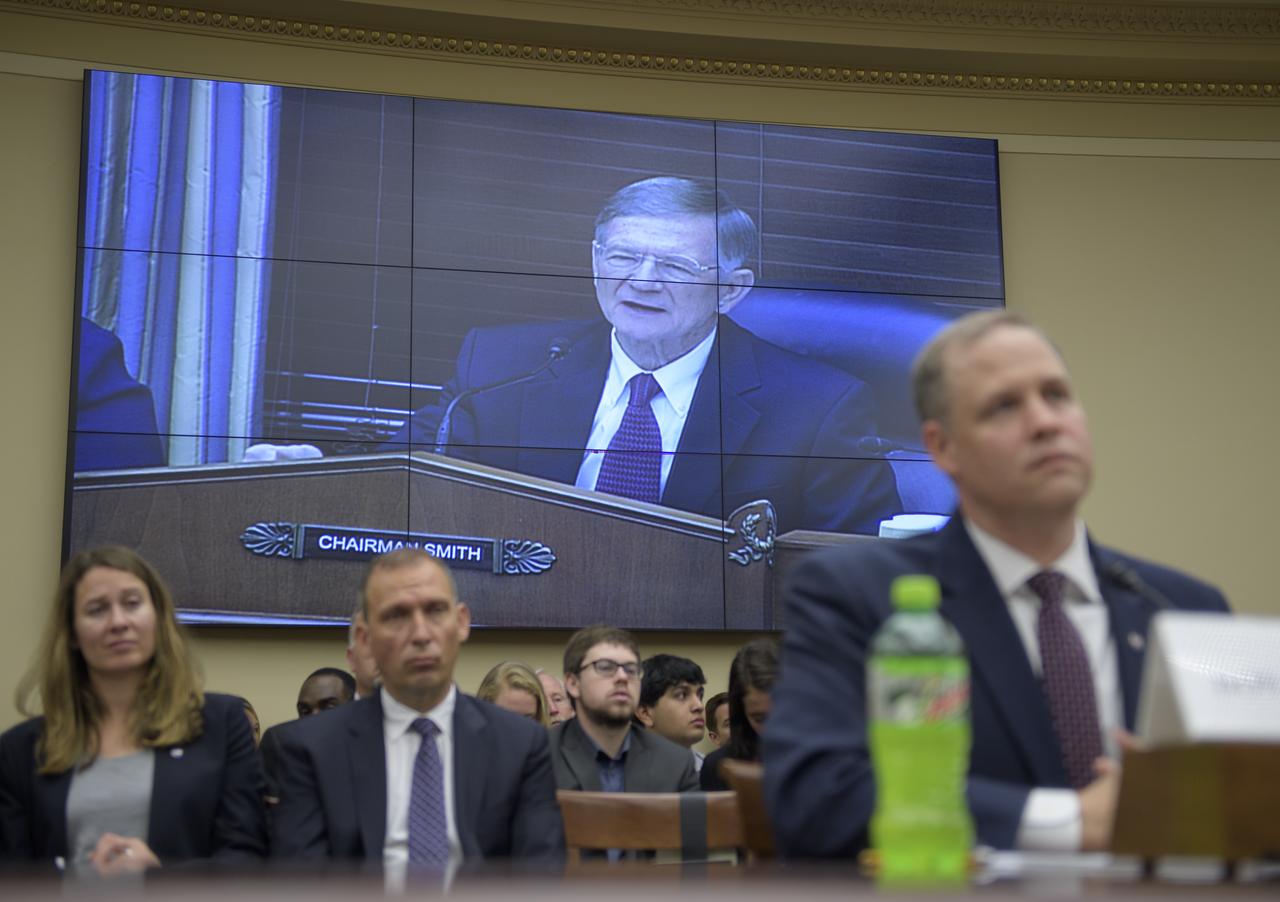 Rep. Lamar Smith, R-Texas, Chairman of the House Committee on Science, Space, and Technology questions NASA Administrator Jim Bridenstine during a House Committee on Science, Space, and Technology hearing on the James Webb Space Telescope, Wednesday, July 25, 2018 at the Rayburn House Office Building in Washington. Photo Credit: (NASA/Bill Ingalls)