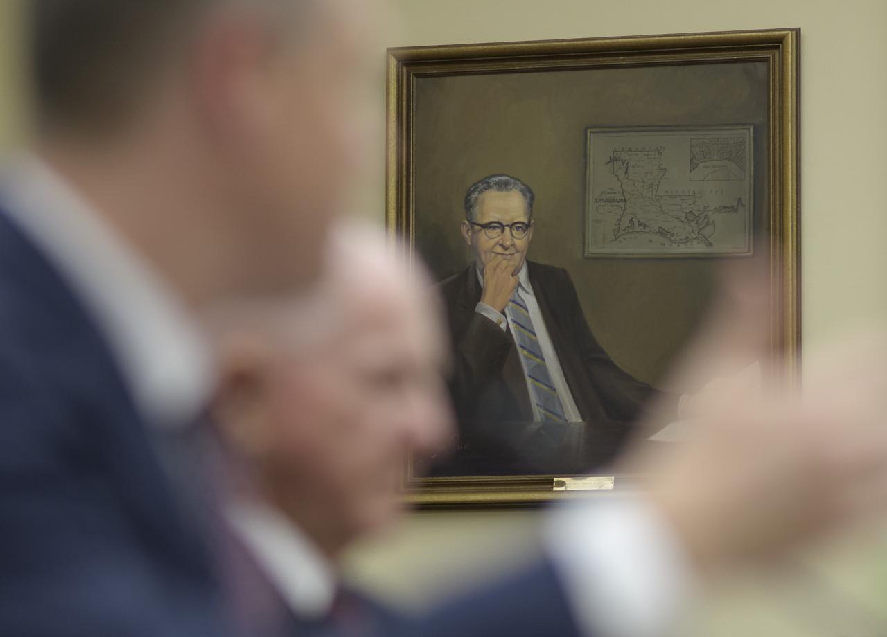 A portrait of Rep. Overton Brooks, D-Louisiana, former Chairman of the House Committee on Science and Astronautics is seen during a hearing on the James Webb Space Telescope, Wednesday, July 25, 2018 at the Rayburn House Office Building in Washington. Witnesses: NASA Administrator Jim Bridenstine and Mr. Tom Young, chairman, JWST Independent Review Board. Photo Credit: (NASA/Bill Ingalls)