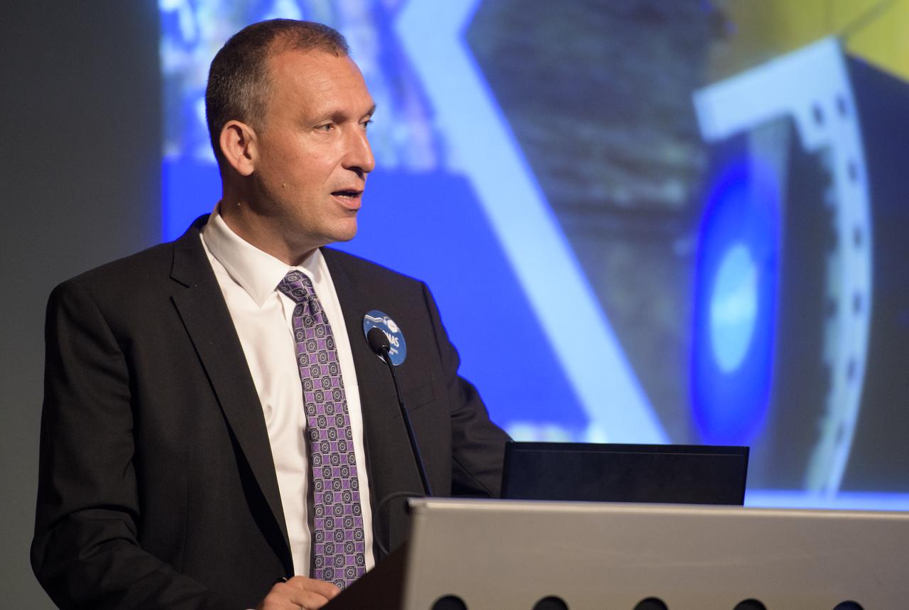 Thomas Zurbuchen, Associate Administrator for NASA's Science Mission Directorate, speaks during the 2018 Annual Earth Science Applications Showcase, Wednesday, Aug. 1, 2018 at NASA Headquarters in Washington. Every summer students and young professionals from NASA’s Applied Sciences’ DEVELOP National Program come to NASA Headquarters and present their research projects. DEVELOP is a training and development program where students work on Earth science research projects, mentored by science advisers from NASA and partner agencies, and extend research results to local communities.  Photo Credit: (NASA/Joel Kowsky)